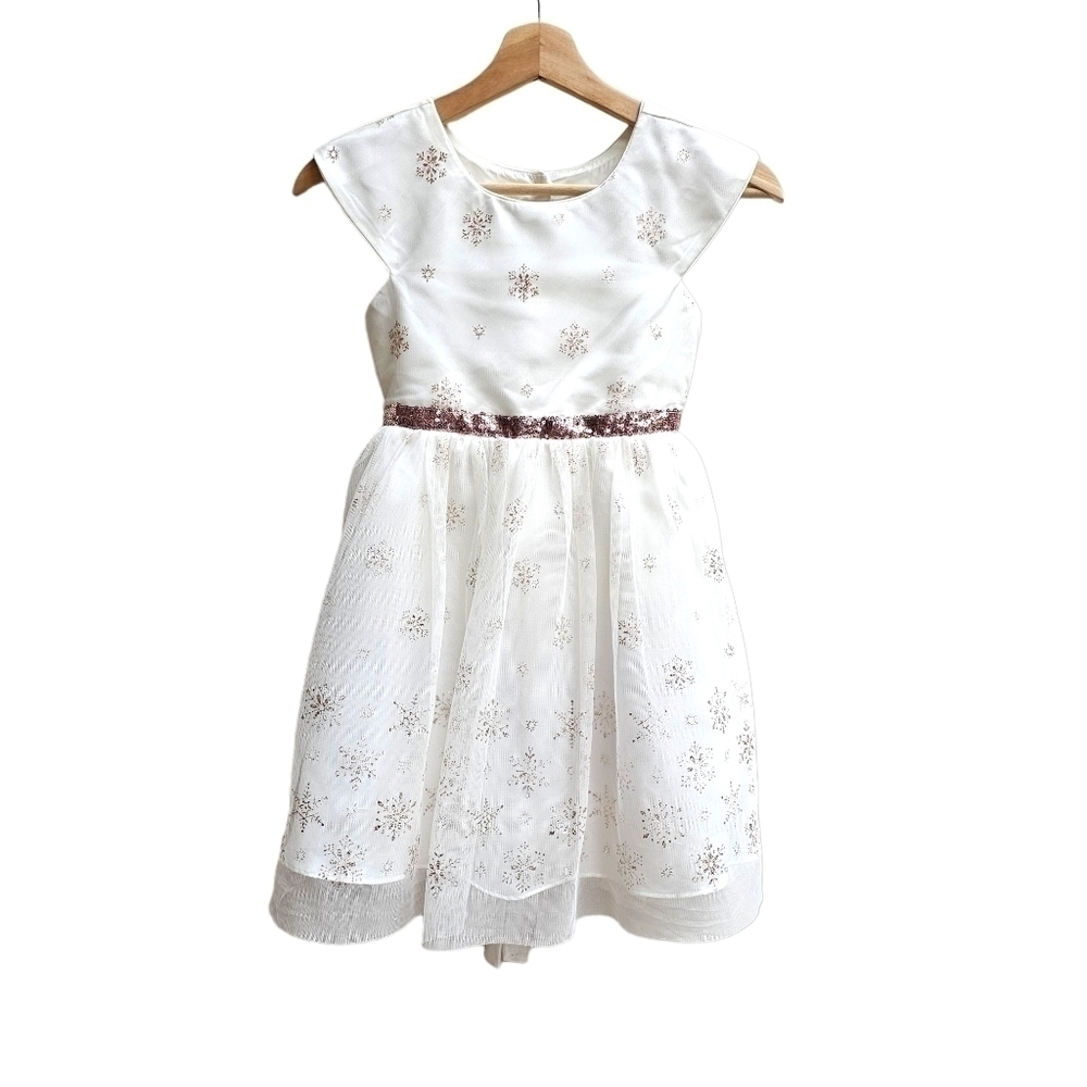 Jona Michelle Girl's Gauzy Tulle Snow Flake Sparkle Print Dress, Size 7